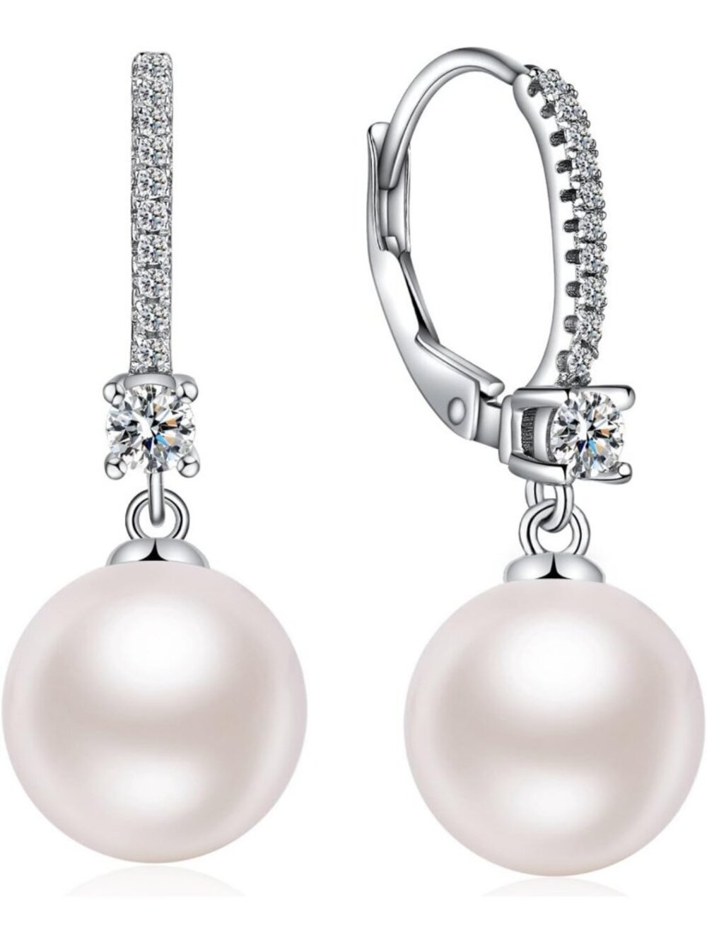 Elegant 18k White Gold Plated Pearl & Diamond Earrings | Sterling Silver Fine
